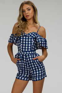 Ivy Gingham Blue Viscose Corset Playsuit With Off The Shoulder Sleeves