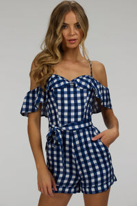 Ivy Gingham Blue Viscose Corset Playsuit With Off The Shoulder Sleeves
