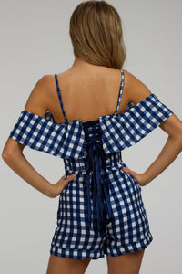Ivy Gingham Blue Viscose Corset Playsuit With Off The Shoulder Sleeves