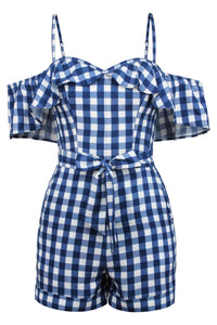 Ivy Gingham Blue Viscose Corset Playsuit With Off The Shoulder Sleeves