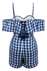 Ivy Gingham Blue Viscose Corset Playsuit With Off The Shoulder Sleeves