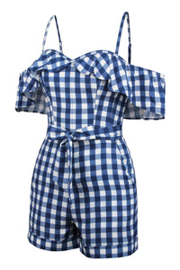 Ivy Gingham Blue Viscose Corset Playsuit With Off The Shoulder Sleeves