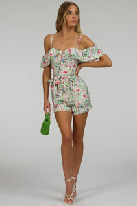 Ivy Meadow Viscose Corset Playsuit With Off The Shoulder Sleeves