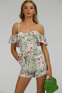 Ivy Meadow Viscose Corset Playsuit With Off The Shoulder Sleeves