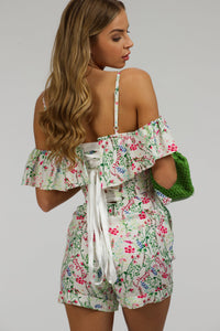 Ivy Meadow Viscose Corset Playsuit With Off The Shoulder Sleeves