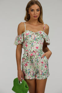 Ivy Meadow Viscose Corset Playsuit With Off The Shoulder Sleeves