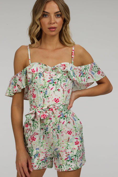 Ivy Meadow Viscose Corset Playsuit With Off The Shoulder Sleeves