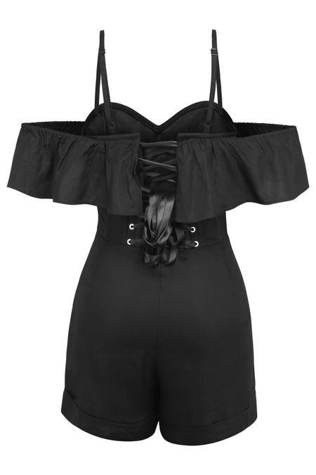 Ivy Black Viscose Corset Playsuit With Off The Shoulder Sleeves