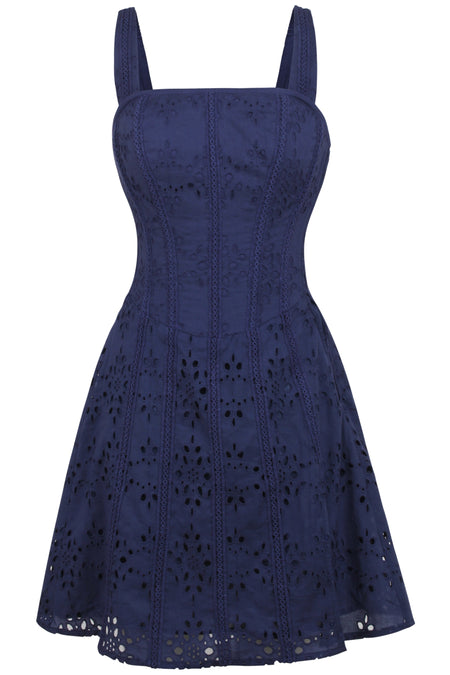 Veronica Summer Navy Broderie Anglaise Cotton Corset Dress with Straps