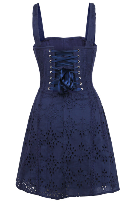 Veronica Summer Navy Broderie Anglaise Cotton Corset Dress with Straps
