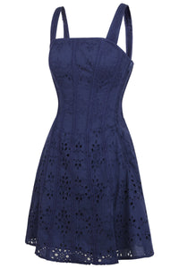 Veronica Summer Navy Broderie Anglaise Cotton Corset Dress with Straps