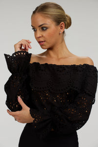 Rosalie Black Cotton Cropped Bardot Neckline Top