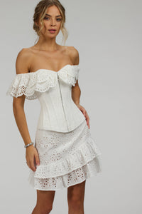 Sammy White Broderie Anglaise Cotton Skirt With Asymmetric Frill