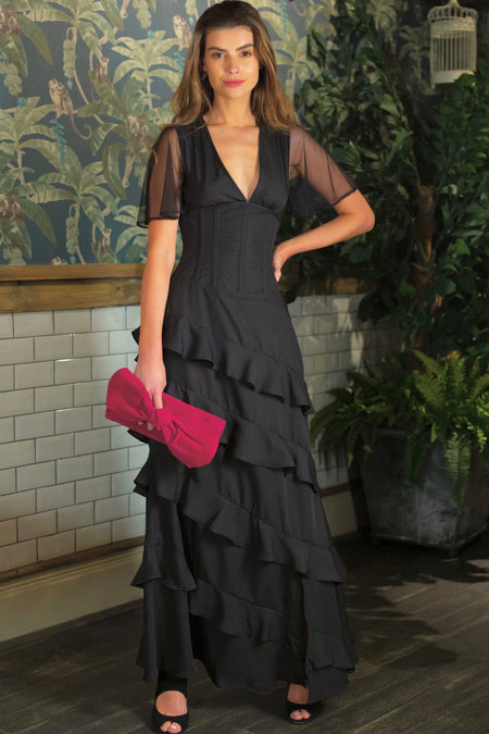 Black Corseted Cascading Dress