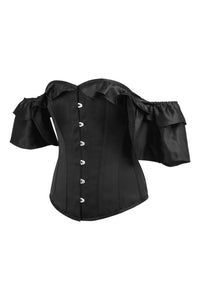 Black Satin Corset Top with off the Shoulder Frilled Sleeves