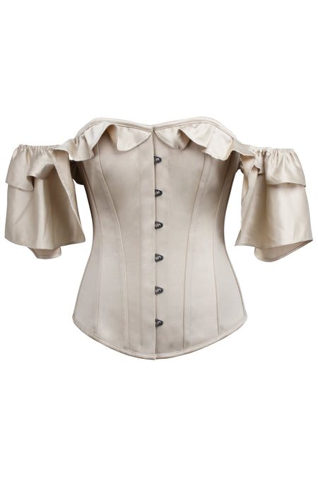 Champagne Satin Corset Top with off the Shoulder Frilled Sleeves