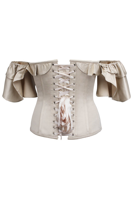 Champagne Satin Corset Top with off the Shoulder Frilled Sleeves