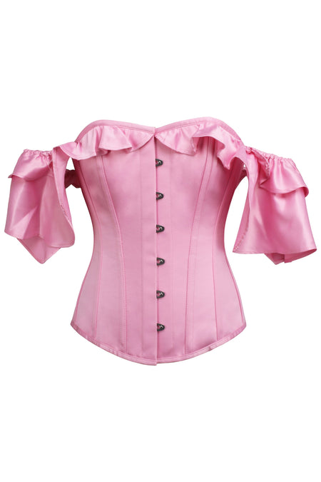 Pink Satin Corset Top with off the Shoulder Frilled Sleeves