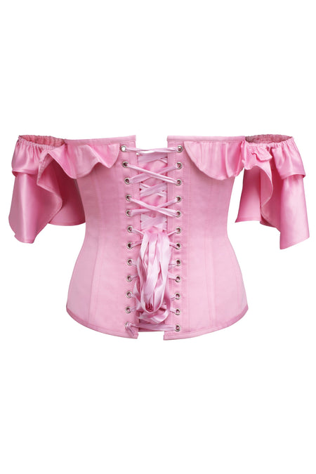 Pink Satin Corset Top with off the Shoulder Frilled Sleeves