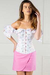 Pressed Floral Print Corset Top With Frilled Sleeve