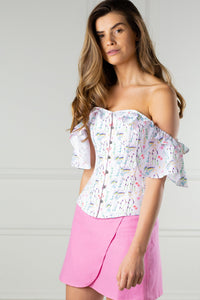Pressed Floral Print Corset Top With Frilled Sleeve