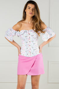 Pressed Floral Print Corset Top With Frilled Sleeve
