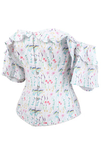 Pressed Floral Print Corset Top With Frilled Sleeve