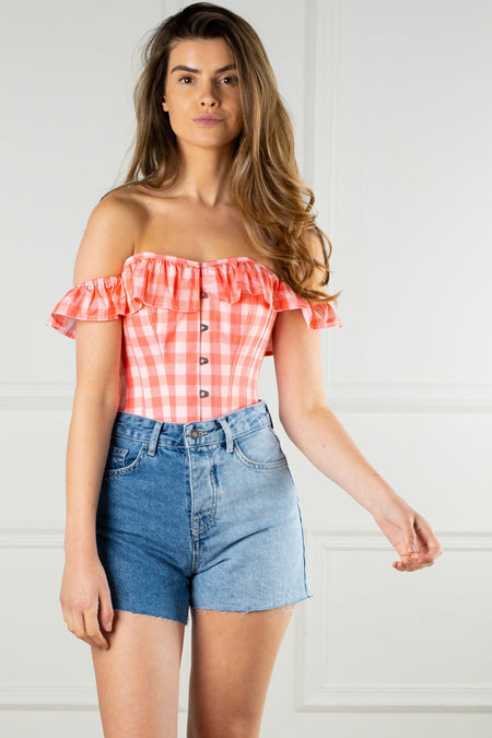Hot Coral Gingham Summer Corset Top With Bardot Sleeve
