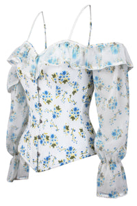 Long Sleeve White Ditsy Floral Corset Top with Cold Shoulder