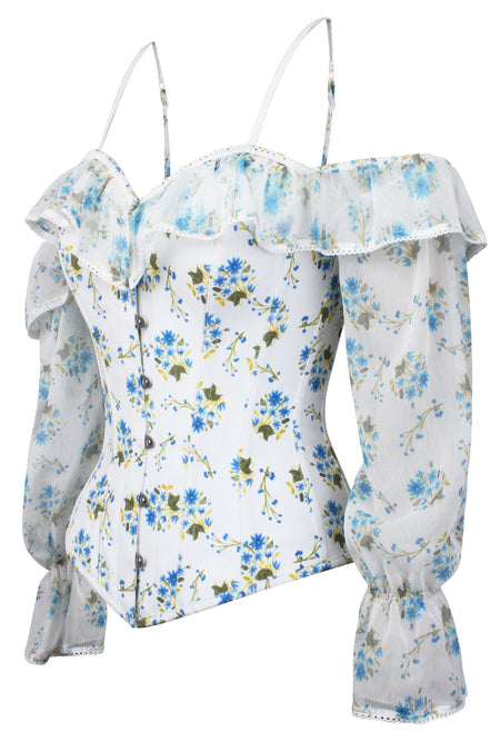 Long Sleeve White Ditsy Floral Corset Top with Cold Shoulder
