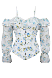 Long Sleeve White Ditsy Floral Corset Top with Cold Shoulder
