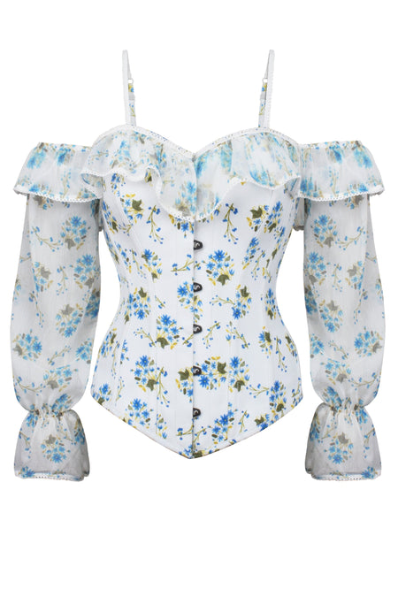 Long Sleeve White Ditsy Floral Corset Top with Cold Shoulder