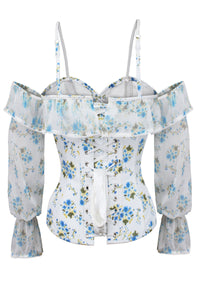 Long Sleeve White Ditsy Floral Corset Top with Cold Shoulder