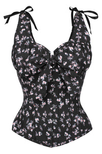Dark Ditsy Floral Corset Top with Bow Detail