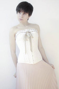 Vintage Inspired Straight Line Overbust With Ribbon Woven Through Lace Trim - Champagne
