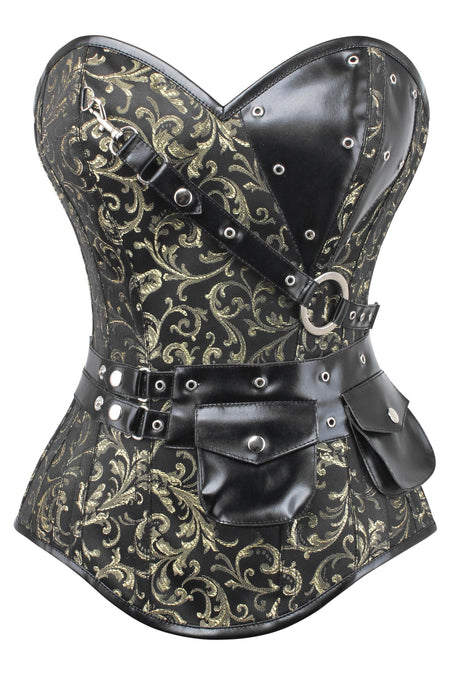Elctra Gold Black Brocade Corset With Chain