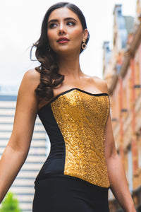 GOLD SEQUIN AND BLACK SATIN INSTANT SHAPE OVERBUST