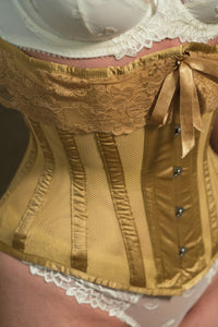 Gold Satin Bridal Corset with Super Fine Mesh Panels