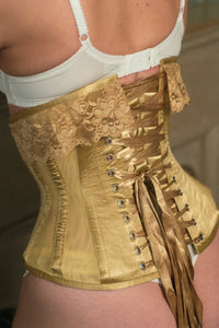 Gold Satin Bridal Corset with Super Fine Mesh Panels