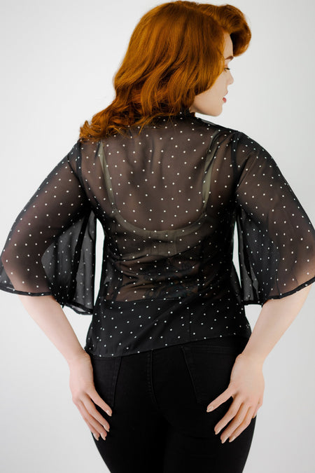 Black Pleat Polka Dot Blouse with Wide Sleeves