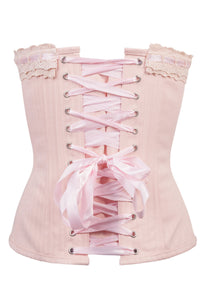 Classic Victorian Corset With Baby Pink Cotton Lace Trim And Ribbon Lacing