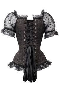 Black Brocade Overbust With Court Neck And Sleeves