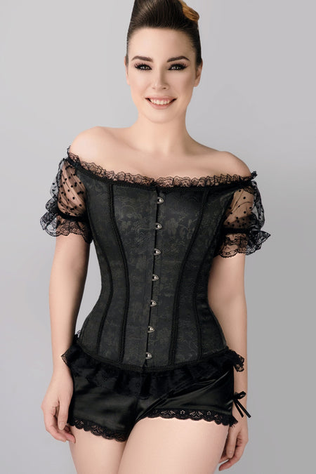 Black Brocade Overbust With Court Neck And Sleeves