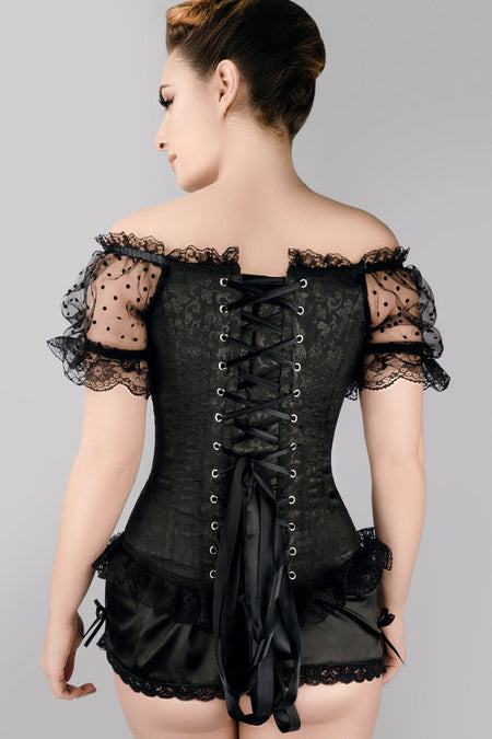 Black Brocade Overbust With Court Neck And Sleeves