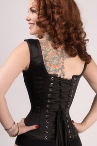 Classic Waist Taming Black Satin Overbust With Straps
